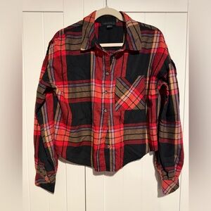 Sanctuary Plaid Button Up Shirt Red Black Brown Purple Women’s Size Small